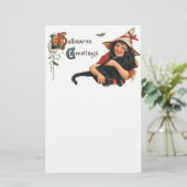 ヴィンテージハロウィーンの挨拶、猫と子の魔女 便箋 (スタンド正面)