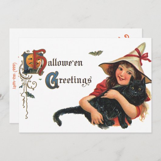 ヴィンテージハロウィーンの挨拶、猫と子の魔女 招待状 (正面/裏面)