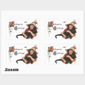 ヴィンテージハロウィーンの挨拶、猫と子の魔女 長方形シール (シート)