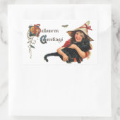 ヴィンテージハロウィーンの挨拶、猫と子の魔女 長方形シール (バッグ)