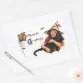 ヴィンテージハロウィーンの挨拶、猫と子の魔女 長方形シール (封筒)