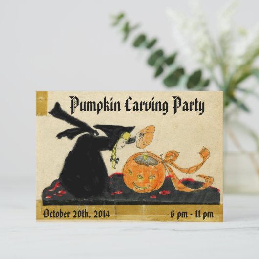ヴィンテージハロウィーンウィッチとカボチャの彫刻パーティー 招待状 (スタンド正面)
