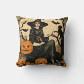 ヴィンテージハロウィーンウィッチ，カボチャ，黒猫，こうもり クッション (正面)