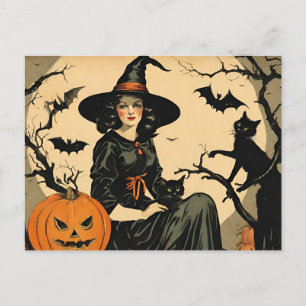 ヴィンテージハロウィーンウィッチ，カボチャ，黒猫，こうもり シーズンポストカード