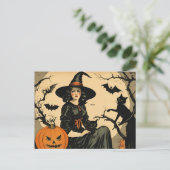 ヴィンテージハロウィーンウィッチ，カボチャ，黒猫，こうもり シーズンポストカード (スタンド正面)