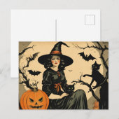 ヴィンテージハロウィーンウィッチ，カボチャ，黒猫，こうもり シーズンポストカード (正面/裏面)