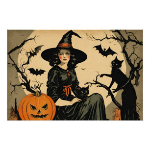 ヴィンテージハロウィーンウィッチ，カボチャ，黒猫，こうもり ポスター