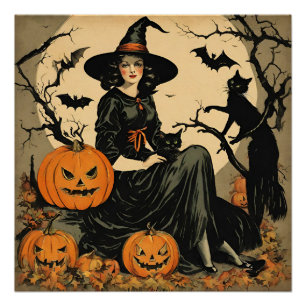 ヴィンテージハロウィーンウィッチ，カボチャ，黒猫，こうもり ポスター