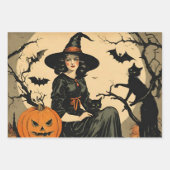 ヴィンテージハロウィーンウィッチ，カボチャ，黒猫，こうもり ラッピングペーパーシート (正面3)