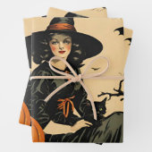 ヴィンテージハロウィーンウィッチ，カボチャ，黒猫，こうもり ラッピングペーパーシート (インサイチュ)