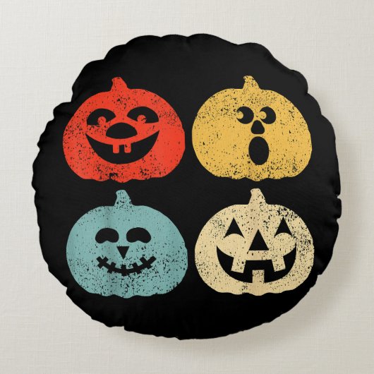 ヴィンテージハロウィーンカボチャおもしろいレトロギフト ラウンドクッション (正面)