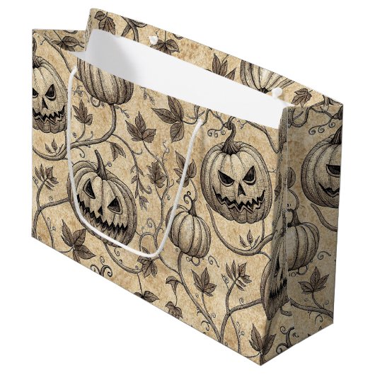 ヴィンテージハロウィーンカボチャつる植物パターン ラージペーパーバッグ (正面アングル)