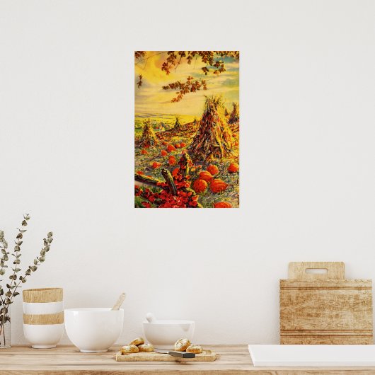 ヴィンテージハロウィーンカボチャのハヤック付きパッチ ポスター (キッチン)