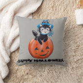 ヴィンテージハロウィーンカボチャ猫ウィッチハット クッション (ブランケット)