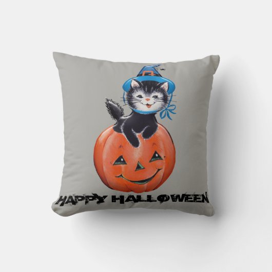 ヴィンテージハロウィーンカボチャ猫ウィッチハット クッション (正面)