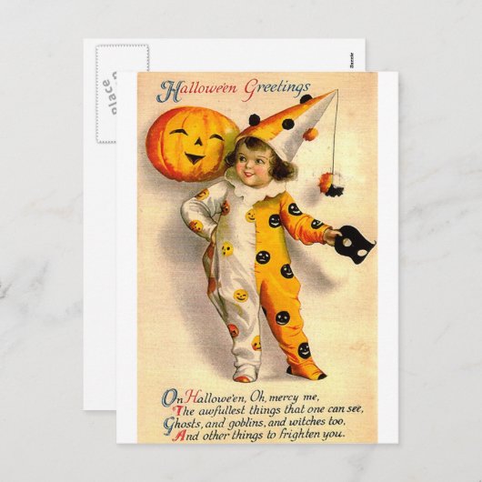 ヴィンテージハロウィーンカードコスチュームドガールとカボチャ シーズンポストカード (正面/裏面)