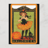 ヴィンテージハロウィーンガールウィッチ、カボチャ、黒猫 ポストカード (正面)