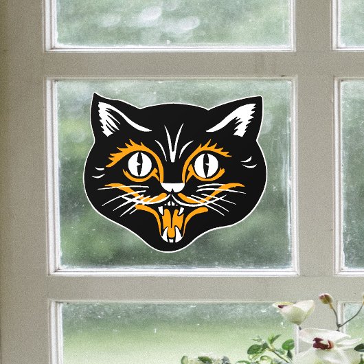 ヴィンテージハロウィーンキャット顔ブラックオレンジホワイト ウィンドウサイン
