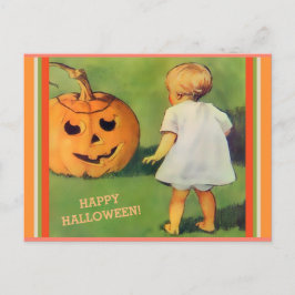 ヴィンテージハロウィーンジャック-O-ランタン&小さな女の子コピー ポストカード