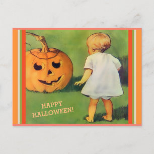 ヴィンテージハロウィーンジャック-O-ランタン&小さな女の子コピー ポストカード