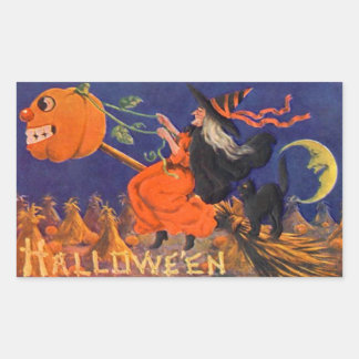 ヴィンテージハロウィーンステッカー |魔女ネコ 長方形シール