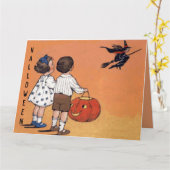 ヴィンテージハロウィーンチャイルドウィッチカボチャ カード (黄色い花)