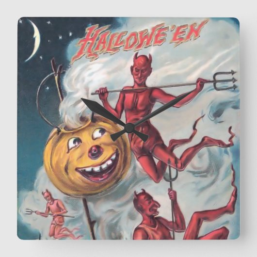 ヴィンテージハロウィーンデビルウォールクロック スクエア壁時計 (正面)