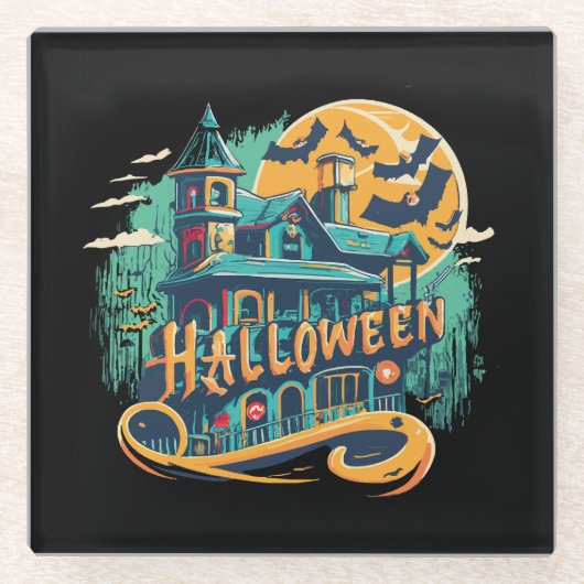 ヴィンテージハロウィーンハウスと幽霊 ガラスコースター (正面)