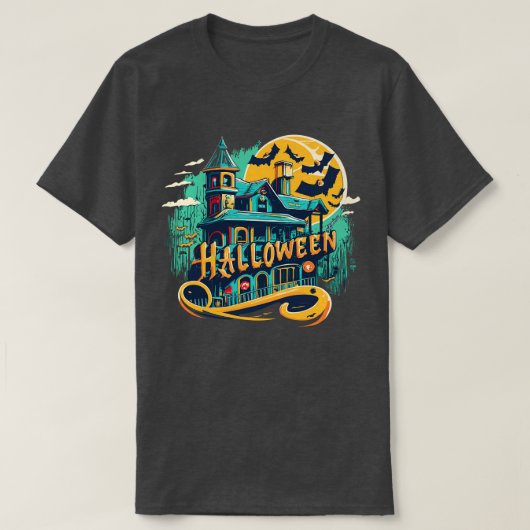 ヴィンテージハロウィーンハウスと幽霊 Tシャツ (デザイン正面)