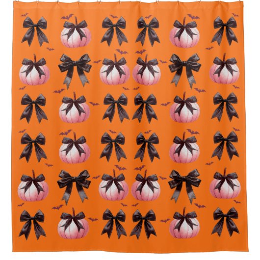ヴィンテージハロウィーンピンクパンプキンブラックボウオレンジ シャワーカーテン (正面)