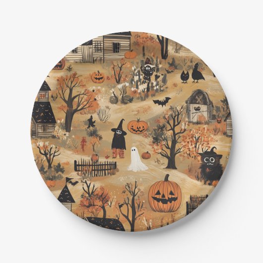ヴィンテージハロウィーンファームパターン ペーパープレート (正面)