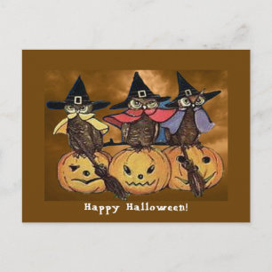 ヴィンテージハロウィーンフクロウとジャック・オランタン ポストカード