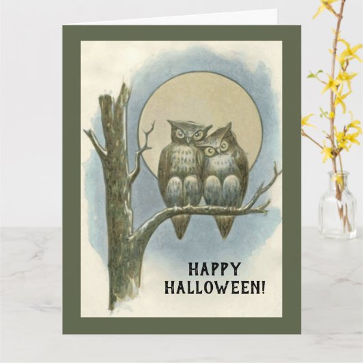 ヴィンテージハロウィーンフクロウズナイトムーン座って カード (黄色い花)