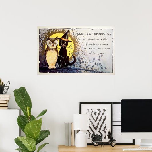 ヴィンテージハロウィーンフクロウ黒猫デコールポスター ポスター (ホームオフィス)