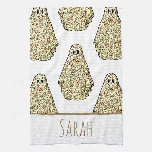 ヴィンテージハロウィーンフローラ幽霊ハンド キッチンタオル (縦)