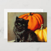 ヴィンテージハロウィーンブラックキャットとカボチャ シーズンポストカード (正面/裏面)