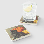 ヴィンテージハロウィーンブラックキャットとカボチャ ストーンコースター (横)