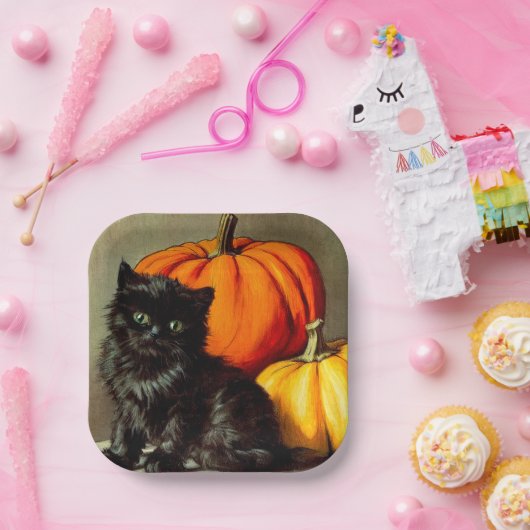 ヴィンテージハロウィーンブラックキャットとカボチャ ペーパープレート (パーティー)