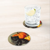 ヴィンテージハロウィーンブラックキャットとカボチャ ラウンドペーパーコースター (インサイチュ)