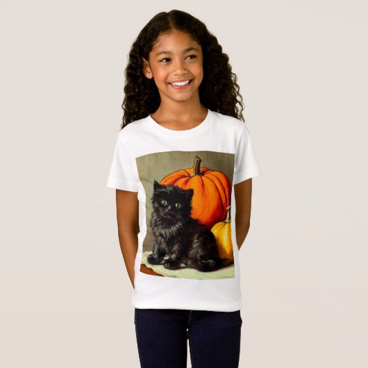 ヴィンテージハロウィーンブラックキャットとカボチャ Tシャツ (正面フル)
