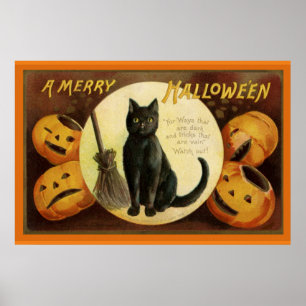 ヴィンテージハロウィーンブラックキャットと彫りカボチャ ポスター