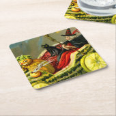 ヴィンテージハロウィーンブラックキャットと魔女 スクエアペーパーコースター (アングル)