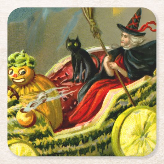 ヴィンテージハロウィーンブラックキャットと魔女 スクエアペーパーコースター (正面)