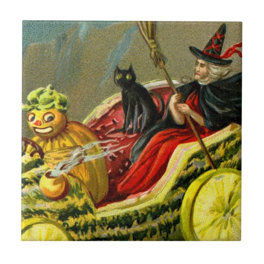 ヴィンテージハロウィーンブラックキャットと魔女 タイル (正面)