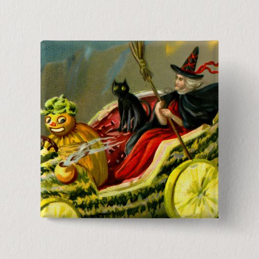 ヴィンテージハロウィーンブラックキャットと魔女 缶バッジ (正面)