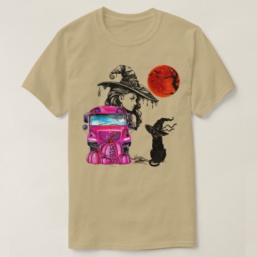 ヴィンテージハロウィーンブラックキャットウィッチムーン&ピンクシュオ Tシャツ (デザイン正面)