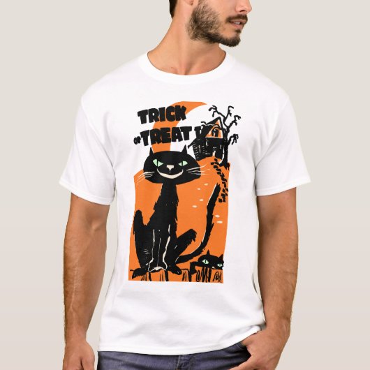 ヴィンテージハロウィーンブラックキャットトリックまたはトリート Tシャツ (正面)