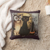 ヴィンテージハロウィーンブラックキャット&フクロウウィッチハットムーン クッション (ブランケット)