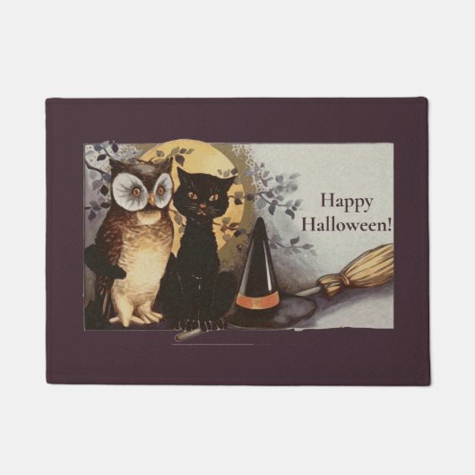 ヴィンテージハロウィーンブラックキャット&フクロウウィッチハットムーン ドアマット (正面)