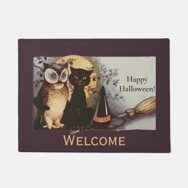 ヴィンテージハロウィーンブラックキャット&フクロウウィッチハットムーン ドアマット (正面)